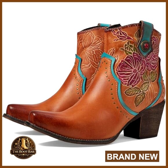 Shoes - Mid-Calf Western Boots with Floral Embossed Leather and Zipper Closure